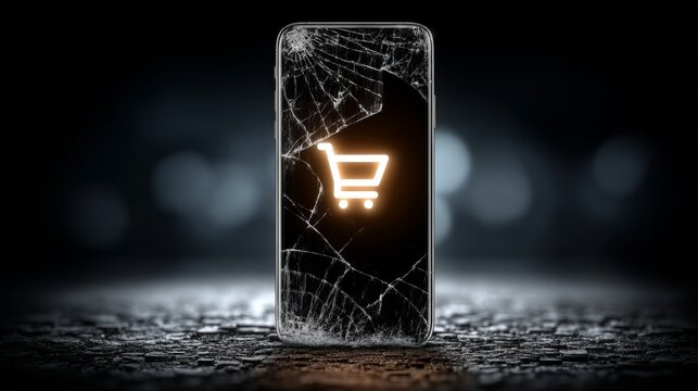 A damaged smartphone with a cracked screen displays a shopping cart icon, set against a dark rocky background,
