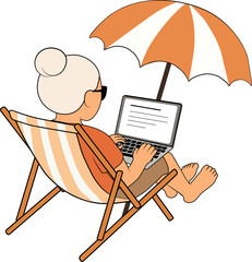 Vector illustration of an elderly woman working on a laptop while sitting in a deck chair under a beach umbrella.