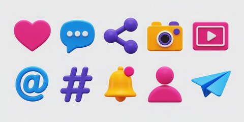 Set of 10 3D social media icons on a white background, ideal for digital marketing campaigns, and website contact sections