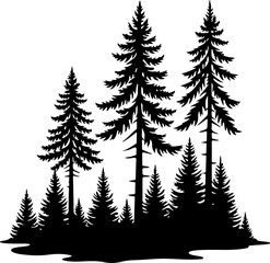 Obraz premium Dense Pine Tree Forest Silhouette VectorBlack and White Evergreen Woods IllustrationConifer Tree Cluster Forest Artwork