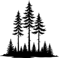 Obraz premium Dense Pine Tree Forest Silhouette VectorBlack and White Evergreen Woods IllustrationConifer Tree Cluster Forest Artwork