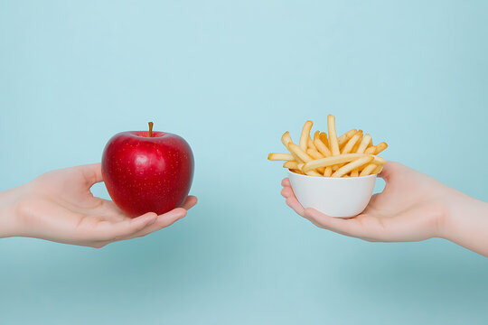 Healthy vs. Unhealthy Food Choice: Red apple and bowl of french fries presented in hands against a light blue background, emphasizing dietary choices.