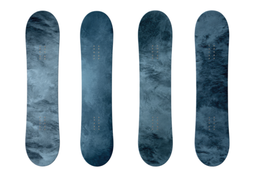 Four identical snowboards, various shades of cool gray, marbled effect
