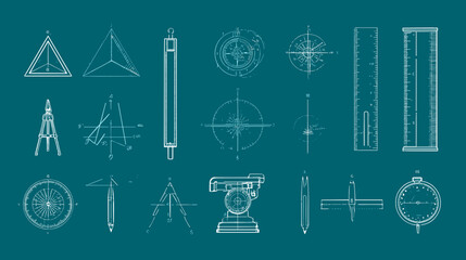 Blueprint-style technical drawings showcasing engineering tools, triangulation, compasses, rulers, and surveying equipment, creating a scientific design.