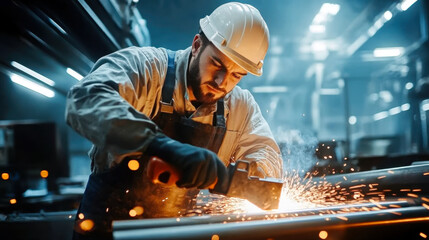 Male worker grinding butt weld pipe in metalwork workshop