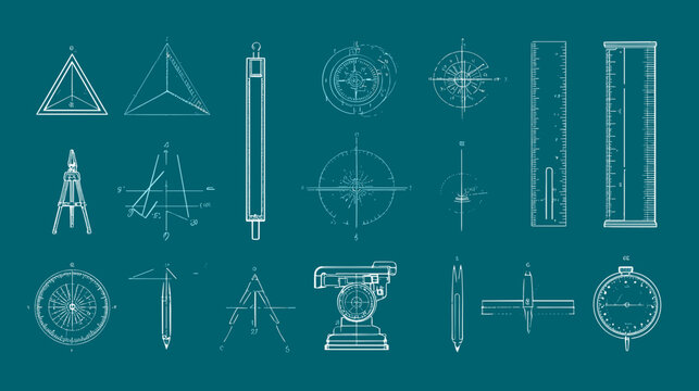 Blueprint-style technical drawings showcasing engineering tools, triangulation, compasses, rulers, and surveying equipment, creating a scientific design.