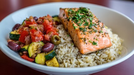 Grilled salmon with vegetables and rice
