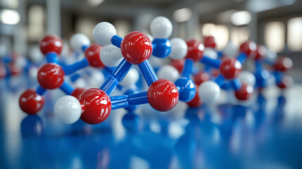 Colorful molecular structure with red, blue, and white spheres representing atoms, interconnected by black bonds, showcasing scientific concepts in a laboratory environment with a blurred background