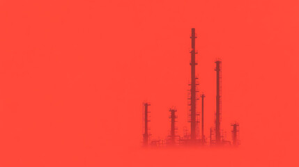Monochromatic view of a tall refinery with multiple smokestacks standing against an intense red-orange sky, casting the silhouette into the hazy horizon.