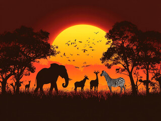 Amazing sunset and sunrise.Panorama silhouette tree in africa with sunset