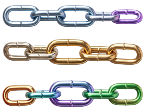 Metallic chains in various colors and styles against a white background