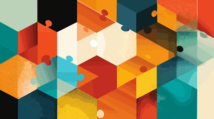 Vibrant, geometric puzzle pieces interlock, creating a dynamic and engaging visual. Colors blend and contrast in a modern composition.