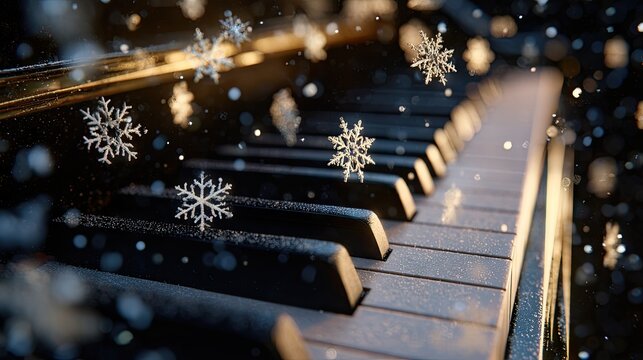 Piano keys with snowflakes in winter.