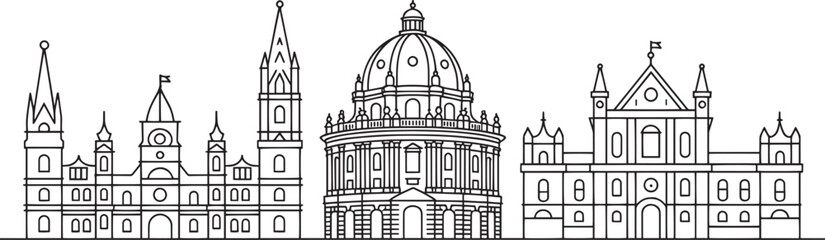 Detailed Outline Skyline of Oxford United Kingdom with Prominent Buildings and Landmarks Vector Illustration