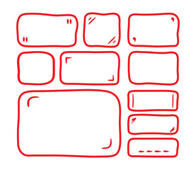 Fototapeta premium Doodle text box. Hand drawn line bubble shapes and frames for social media. Text shape, organic child free form. Abstract red square speech blobs for dialog. Simple set for bullet journal with