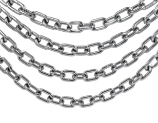 Multiple silver metallic chains against white background for industrial concepts