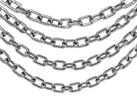 Multiple silver metallic chains against white background for industrial concepts - Powered by Adobe