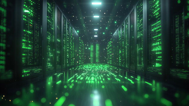 Futuristic data center corridor illuminated with green lights, showcasing rows of servers and glowing digital patterns, representing advanced technology and innovation in information processing