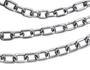 Obraz premium Overhead view of three metal chains with reflective steel links