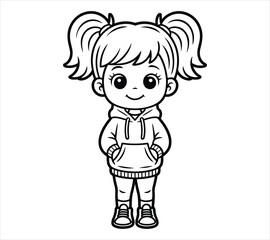 Cartoon Girl with Round Head and Hoodie
