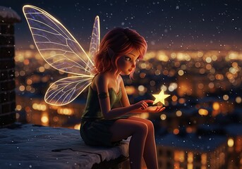 Magical Fairy with Glowing Wings Holding Star on Rooftop at Night, Fantasy Urban Scene with City Lights and Enchantment