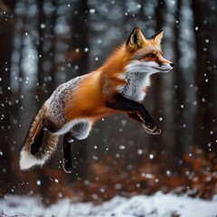 Obraz premium A red fox leaps through a snowy forest, surrounded by falling snowflakes and blurred winter trees in the background.