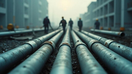 Silver pipes on construction site with blurrred workers in the background. 