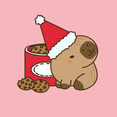 A delightful vector illustration of a cute capybara celebrating Christmas with a festive chocolate chip cookie hamper.