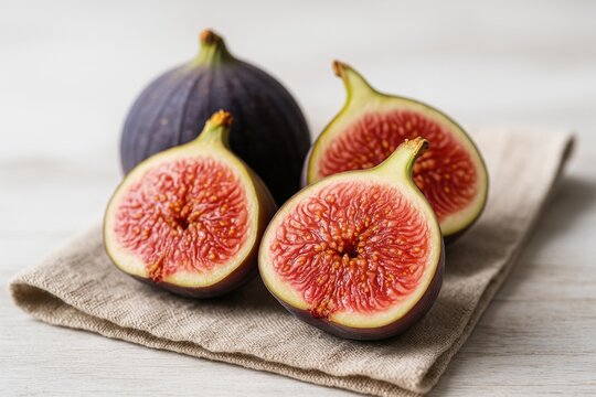 Close-up of fresh ripe figs halved on rustic linen fabric with vibrant colors and textures, showcasing healthy organic fruit for culinary and wellness concepts