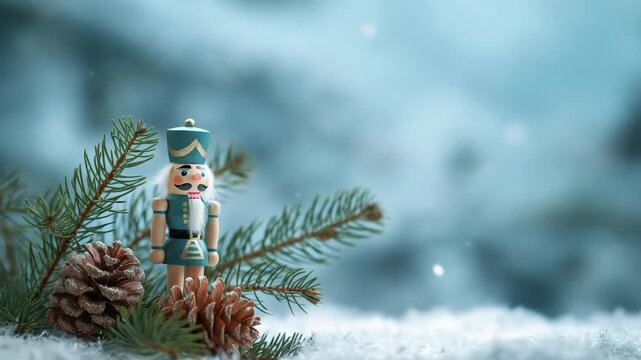 Nutcracker figurine with pine cones on snowy surface. Christmas decoration and tradition concept.