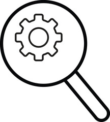 Gear with magnifier icon representing advanced settings or system diagnostics with transparent background
