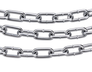 Obraz premium Three connected metallic chains on a white background for commercial use