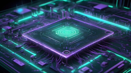 Digital data flows across a computer circuit board's intricate network of electronic components, including the central processor chip