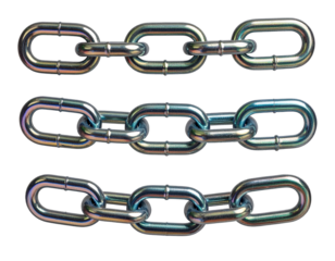 Three metallic chains arranged horizontally isolated on transparent background