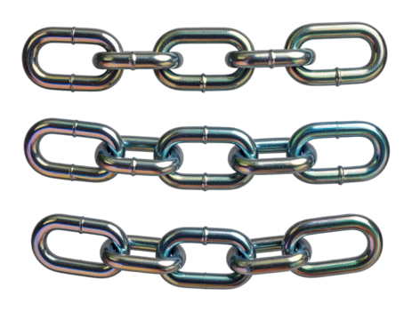 Three metallic chains arranged horizontally isolated on transparent background