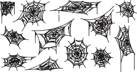 Fototapeta premium Collection of hand-drawn black spiderwebs with dripping effects on a white background spider web cobweb