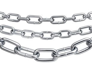 Three metallic silver chains displayed against white background