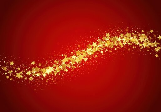 Golden Star Trail on Red Background - Festive Sparkle Swirl for Christmas, Celebration, and Holiday Magical Concepts