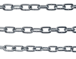 Three parallel steel chains isolated on a white background