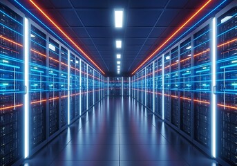 Modern server room with blue and orange neon lights