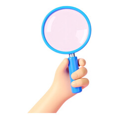 Cartoon hand holding a bright blue magnifying glass, ready for investigation or discovery.