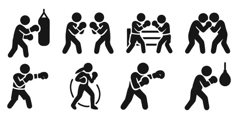 boxing silhouettes ,boxing icons set, fighters training, sparring illustration, gym workout.Vector