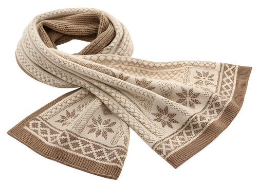 ai, png, knitted, scarf, winter, accessory, beige, brown, intricate, patterns, fashion, cozy, style, soft, fabric, geometric, design, texture, layering, seasonal, clothing, outdoor, wear, stylish, war
