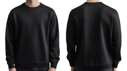 Man wearing a plain black crew neck sweatshirt front and back view on transparent background