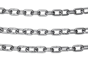 Fototapeta premium Three silver metal chains on white background illustrating strength and connection