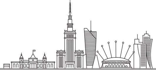 Obraz premium Detailed Warsaw Poland Skyline Silhouette Outline Vector Illustration Design Template