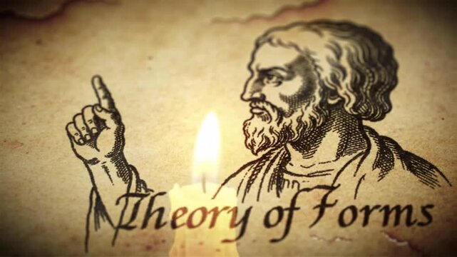 Plato Sketch on Weathered Paper with Flickering Candlelight &ndash; Minimal Animation Highlighting Theory of Forms Text


