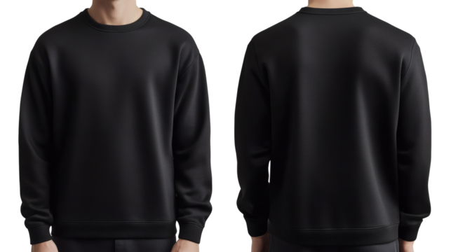 Man wearing a plain black crew neck sweatshirt front and back view on transparent background