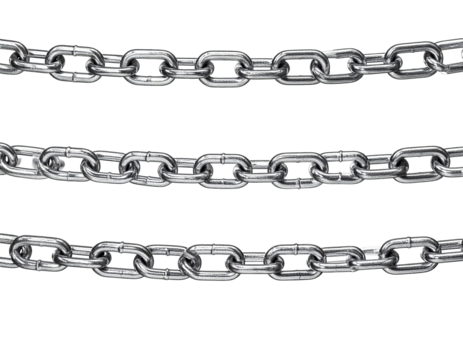 Three silver metal chains on white background illustrating strength and connection - Powered by Adobe