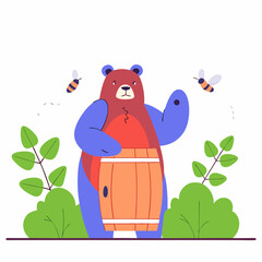 Bear standing next to barrel with bees and bushes in background  